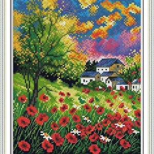 11ct gestempelt Kreuzstich Kit Stickerei Kit, gedruckte Kreuzstichsets, Wanddekor DIY Geschenk für sie, schöne Blumen Bäume Cottage