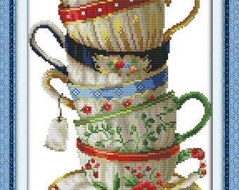 Stamped Pre-printed Cross Stitch Kit Six Beatiful Coffee Cups 11CT 13.78''x21.26''