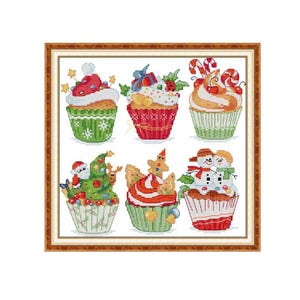 Gestempelt Vorgedruckte Kreuzstichpackung Bunt Frohe Weihnachten Sechs Bunte Cupcakes 11KT 36 x 35 cm, 14.17&#39;&#39;x13.78&#39;&#39;