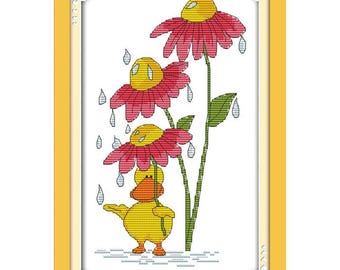 Kit de punto de cruz con estampado de pato, bordado preimpreso de 11 ct, diseño floral de lluvia