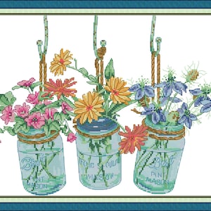 11CT gestempelt Kreuzstichpackung, gedruckte Kreuzstichpackung, drei Vase mit bunten Blumen 53 × 39 cm, 20.87 &#39;&#39; x 15.35 &#39;&#39;