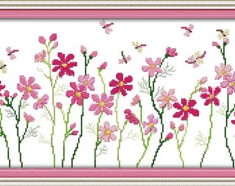 Stamped Cross Stitch Kit, Pink Flowers Embroidery, 14CT (45x28cm)