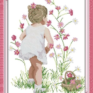 Cross Stitch Kit Embroidery Kit Needle Point Tapestry Easy Cross Stitch Sets Wall Decor DIY Gift For Her Little Girl Smell Pink Flowers