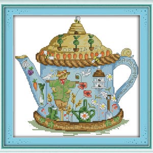Kit estampé pré-imprimé au point de croix brodé coloré belle théière l'épouvantail 11 carats 35 x 34 cm (13,78 x 13,39 po.)