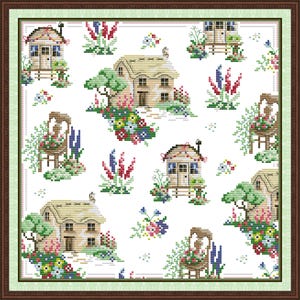 Può includere: Motivo a punto croce con un design ripetuto di cottage, composizioni floreali ed elementi del giardino. La tavolozza dei colori comprende tonalità di beige, verde, blu, rosso e rosa, creando una scena pastorale affascinante. Il disegno è incorniciato da un bordo marrone.