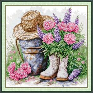 Stamped Cross Stitch Kit: Garden Flowers DIY Embroidery, Wall Decor