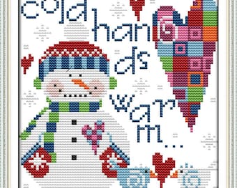Stamped Cross Stitch Kit: Little Snowman Embroidery, DIY Wall Decor