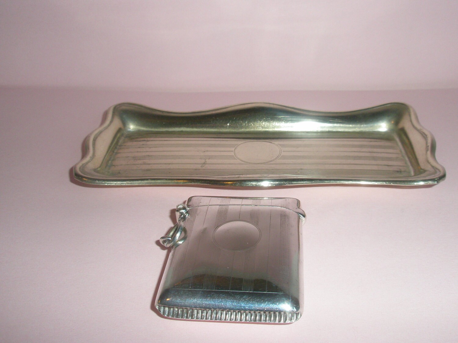 Image of 1900 - 1940 Art Deco Silver Plated Engine Turned Vesta Case & Tray