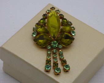 Large Vintage Green Diamante Brooch Pin, Three Strands Swing, Very Glam, Gift Idea