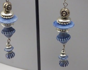 Blue and Silvertone Pierced Dangle Earrings, Boho Hippie, Gift Idea