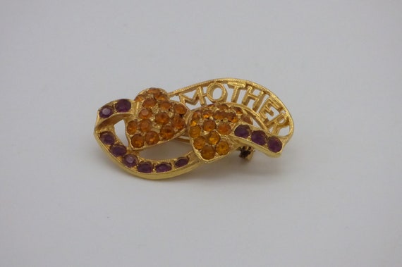 Vintage Mother Brooch Pin with Amber and Ruby Col… - image 2