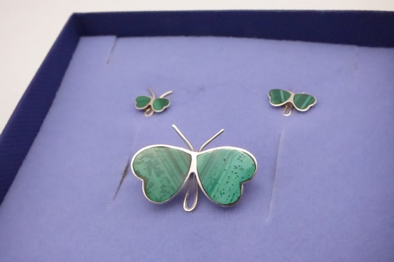 Malachite Silver Butterfly Brooch Pin and Pierced Earrings, Gift Idea
