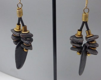 Black and Gold-tone Pierced Earrings, Gift Idea, Boho, Hippie