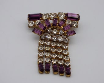 1950s Cascading  Purple and Clear Crystal Tassel Brooch Pin or Pendant