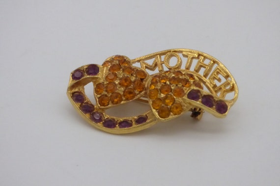 Vintage Mother Brooch Pin with Amber and Ruby Col… - image 1