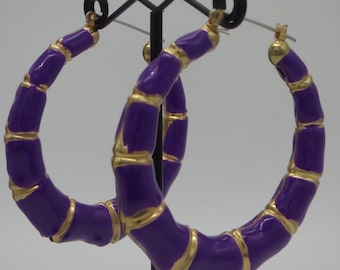 Vintage Large Hoop Enamel Purple and Gold-tone Pierced Earrings, Very Big and Gorgeous