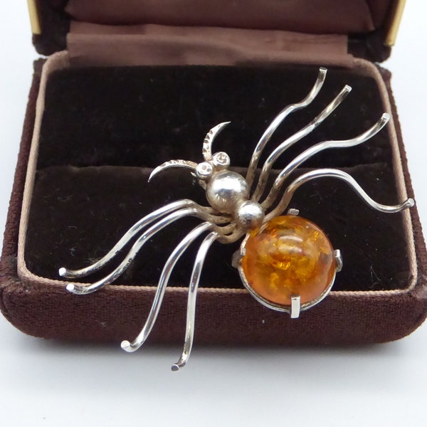 Baltic Amber Spider Insect Brooch,  925 Sterling Silver. Vintage Amber Collectible Silver Jewellery. Bug, Insect, Spider Figural Pin