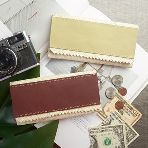 Handmade Screw pine wallet with leather | Brown - Green leather wallet | Clutch bag |  Woven natural purse | Pandanus Bag