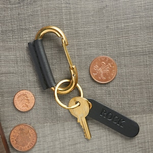 Leather wrapped carabiner key fob | Brass Keyring Carabiner | Customize name small tag | Leather keychain  | Leather key fob