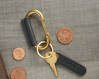 Leather wrapped carabiner key fob | Brass Keyring Carabiner | Customize name small tag | Leather keychain  | Leather key fob