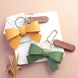 Leather Bow Keychain | Custom Gift Name Engraved Keychain | Leather Bow Bag-Purse Charm Keychain