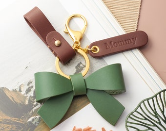 Personalized Leather Bow  Keychain |  Handmade Leather Keychain  | Leather Bow Bag Charm  | Name Engraved Keychain