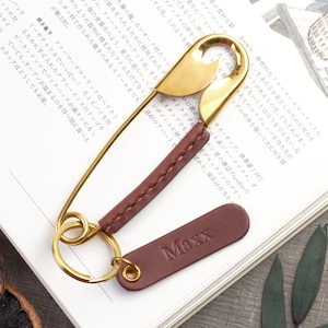 Brass Brooch Leather Wrapped  Keychain With Personalized Name Tag | Personalized Keychain
