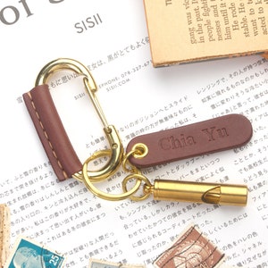 Leather wrap brass carabiner key chain with whistle | Brass keyring carabiner | Personalized Key fob leather wrapped with name tag