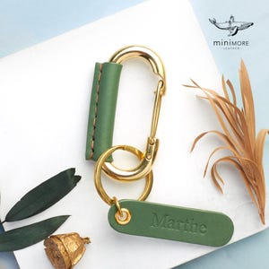 Personalised name tag leather wrapped brass carabiner keychain | Brass keyring carabiner | Key fob gift for him