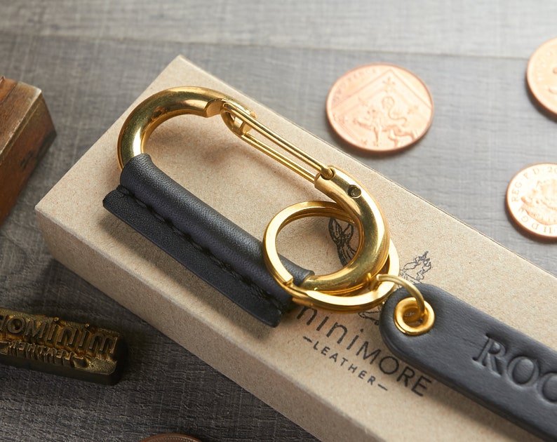 Black leather wrapped carabiner clip keychain Brass Keyring Etsy