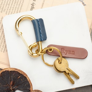 Personalized Brass Carabiner Keychain with Leather Name Tag