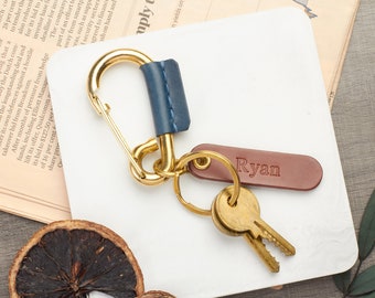 Personalize Brass Carabiner Clasp with Leather Wrapped | Brass Snap Carabiner Keychain | Personalized name tag | Leather Brass keychain