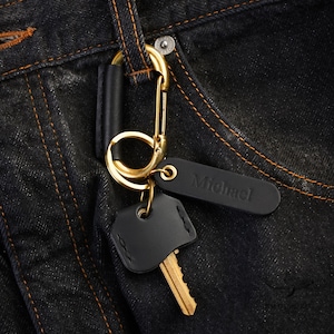Leather wrapped carabiner key fob | Brass Keyring Carabiner | Customize name small tag | Leather keychain  | Leather key fob
