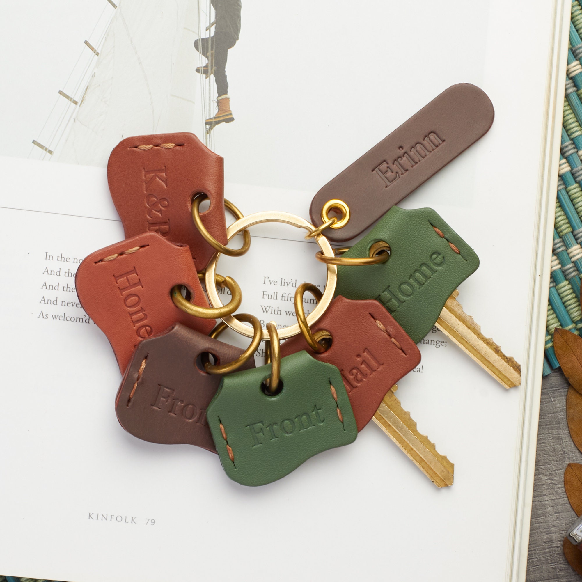 Personalized Leather Key Cover With Solid Brass Split Key Ring Cowhide