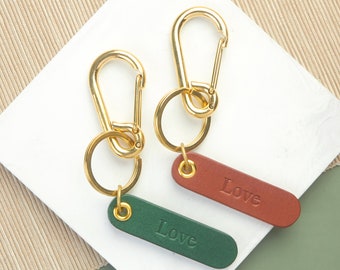 Set of 2 PCS Tiny Brass Carabiner Clasp with Personalized Name Tag  | Brass Snap Carabiner Keychain | Leather Brass keychain