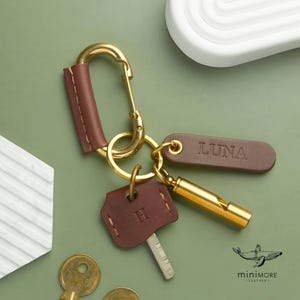 Leather wrap brass carabiner key chain with whistle | Brass keyring carabiner | Personalized Key fob leather wrapped with name tag