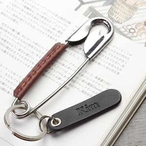 Unique Leather Wrapped Brass Brooch Keychain with Customizable Name Tag | Personalized Key Accessory