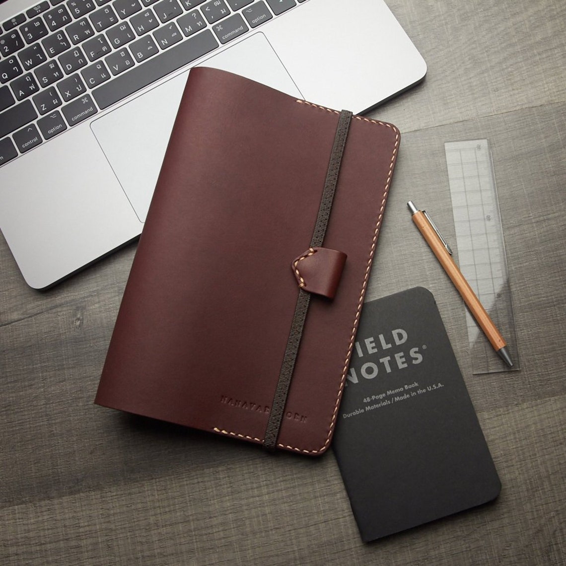 Personalized A5 leather notebook cover with pen holder Brown Etsy