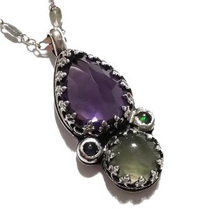 Peaceful Protection Pendant - Amethyst and Prehnite with Opals - Handmade - silversmithed - Ready to Ship - ValenwoodVixen