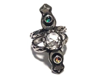 Celestial Phases Ring - Rosecut Quartz and Opals - sz 6.5 - Handmade - Sterling Silver- Quartz and  Opal - ValenwoodVixen - Ready to Ship