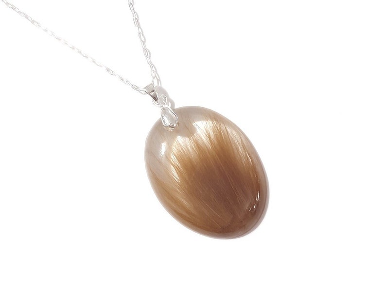 May include: A silver necklace with a pendant. The pendant is an oval-shaped, polished gemstone with a light brown color and a fibrous texture. The chain is thin and silver.