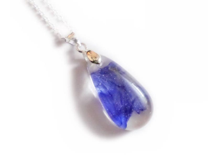 Cornflower Rain Drop Necklace- Resin Necklace Real Dried Flowers Valenwood Vixen Ready to Ship Nature Jewelry