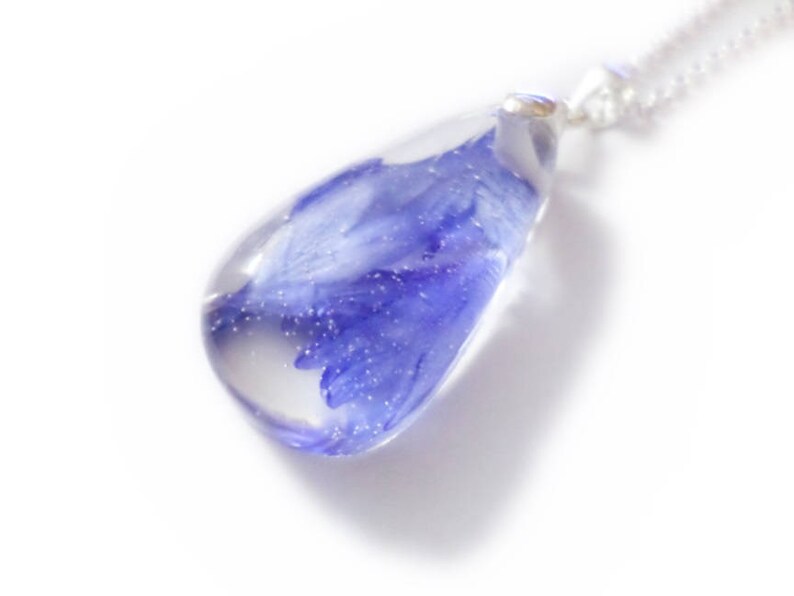Cornflower Rain Drop Necklace- Resin Necklace Real Dried Flowers Valenwood Vixen Ready to Ship Nature Jewelry