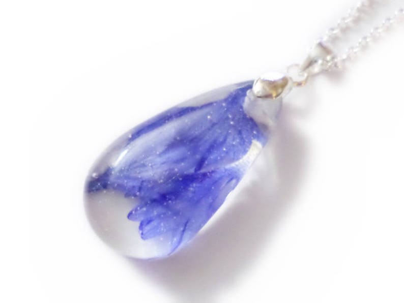 Cornflower Rain Drop Necklace- Resin Necklace Real Dried Flowers Valenwood Vixen Ready to Ship Nature Jewelry