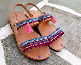 Ethnic sandals|Pom Poms Sandals|Boho Sandals|Tassels Sandals|Pom Pom Sandals|Flat Sandals|Flat Summer Sandals|Unique sandals|Kids Sandals
