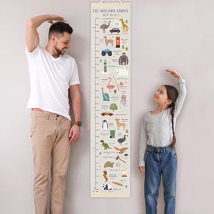 May include: A beige height chart with the text "THE WILLIAMS FAMILY ARE AS TALL AS A..." features animal illustrations and corresponding height measurements in inches. A man and a girl stand next to the chart, measuring their height.