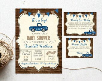 Baby Shower Blue Vintage Truck Rustic Wood Baby Boy Farm Country Shower Invite, Invitation Antique Truck, Diaper Raffle Book Request #1060