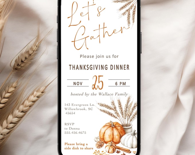 Thanksgiving Digital Invitation, Phone Invitation, Edit, Digital Thanksgiving Invitation, Electronic Phone Text TG1