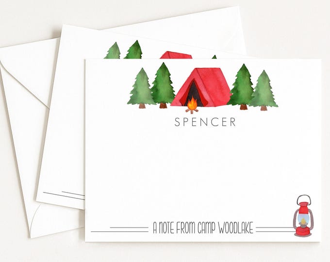Summer Camp Personalized Note Card, Custom Camp Name Stationery, Boys Summer Camp, Write Home From Camp Notecard, Camp Tent Pine Trees