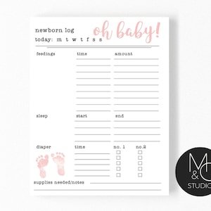 Newborn Feeding Log Notepad, New baby schedule, baby shower gift, new mom gift, newborn schedule, diaper change, sleep times, baby girl image 1